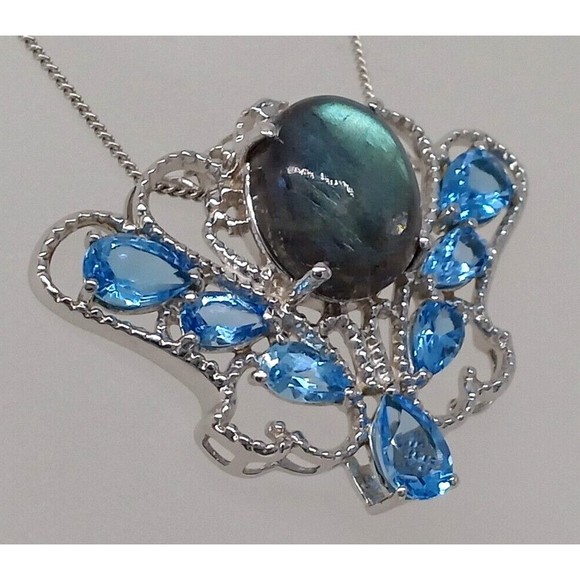 Chuck Clemency Blue Gemstone Topaz Pendant Necklace STS 925 Sterling Sparkly! - Picture 4 of 14